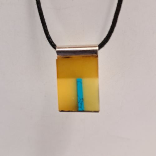 Click to view detail for HW-538 Pendant, Amber/TQ, Silver Back, Long Rectangle $78